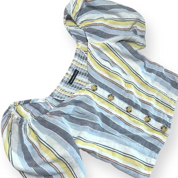 ABERCROMBIE Linen Blend Sweetheart Neck Crop Top Blouse Striped Smocked - Picture 7 of 10